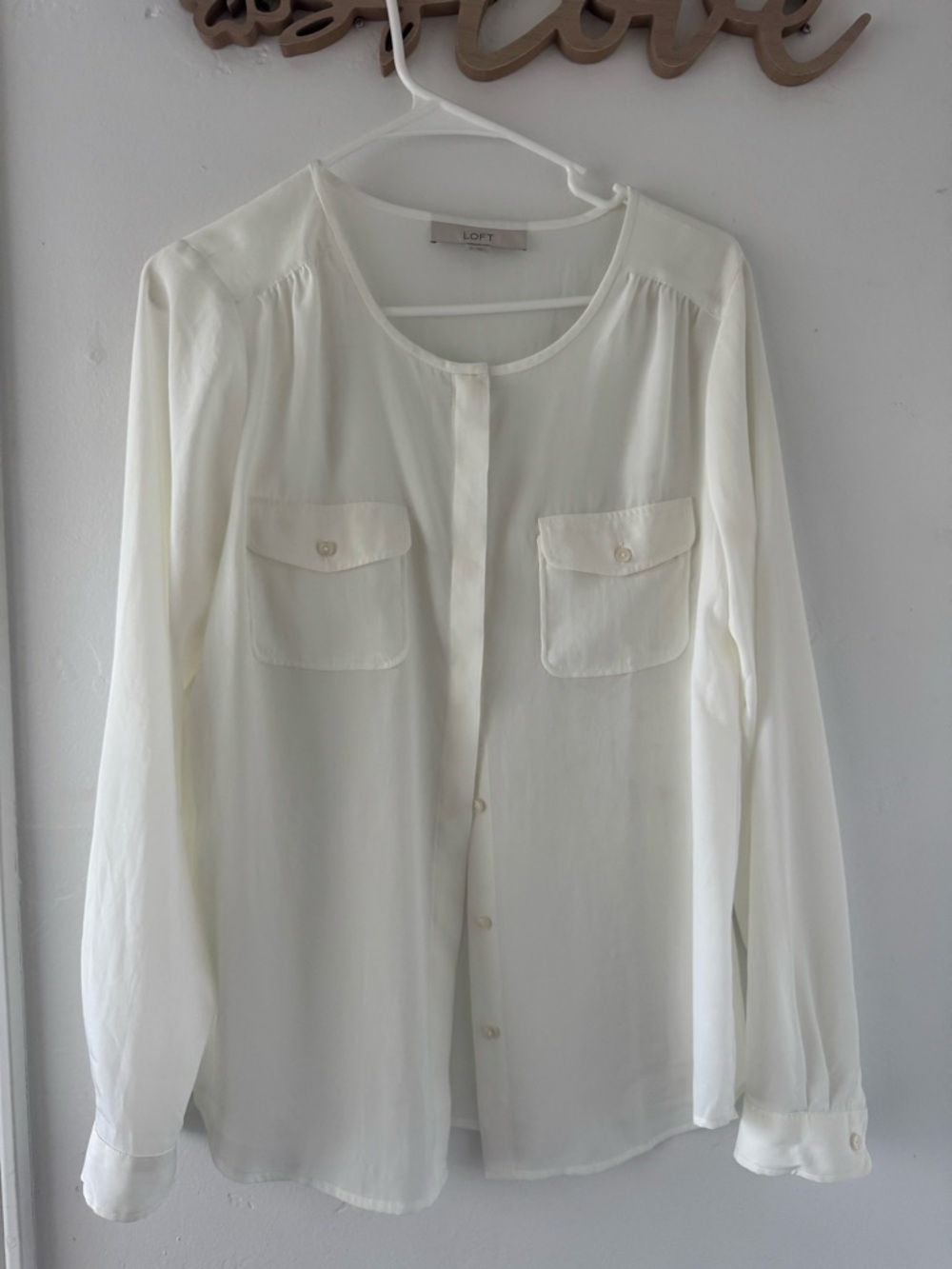LOFT Ivory Button-Front Long Sleeve Blouse